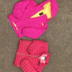Pink north face size 5 raincoat & pink Patagonia winter coat size 4.